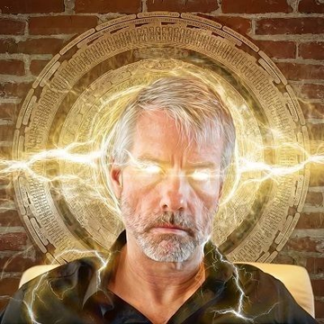 A man stares intensely forward with glowing yellow energy radiating from his eyes and a circular mystical symbol behind his head, evoking a powerful or visionary presence. The image symbolizes steadfast conviction, aligning with the news that Strategy refrained from buying Bitcoin this week, instead bolstering its USD reserves by $450 million.