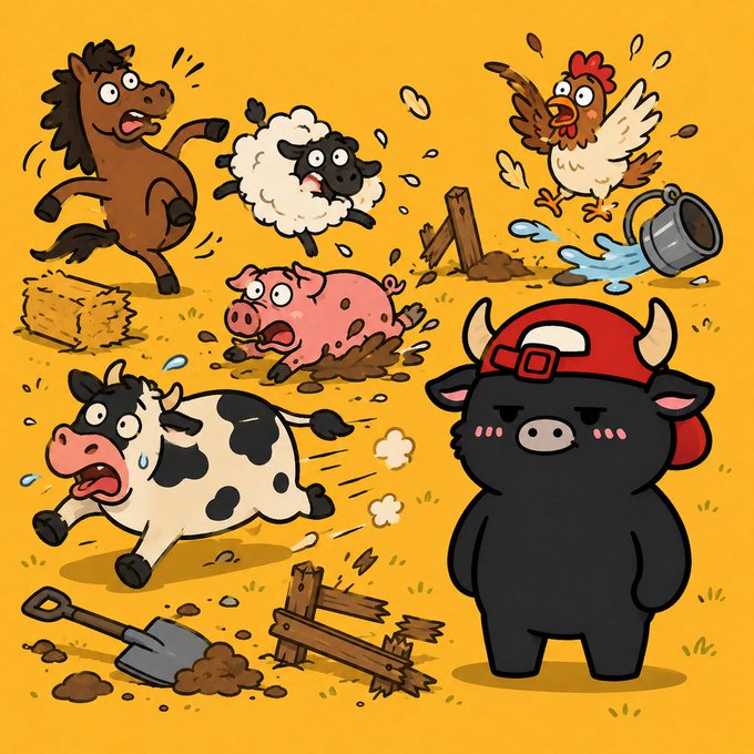 A chaotic cartoon farm scene shows a panicked horse, sheep, pig, chicken, and cow fleeing in different directions amid scattered hay, mud puddles, and broken fences, while BLACKMOO—a black bull character wearing a red cap—stands calmly in the center with a deadpan expression. The image humorously visualizes the post's message about BLACKMOO's unshaken composure amid surrounding chaos, reinforcing the "stay calm" mentality associated with the Solana-based meme token.
