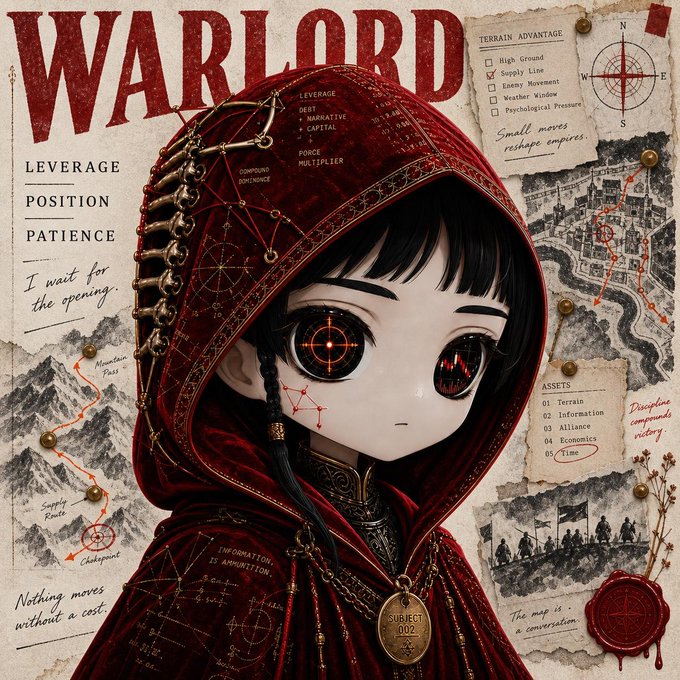 An anime-style 'WARLORD' illustration features a hooded character in red, with text including 'LEVERAGE, POSITION, PATIENCE' and 'I wait for the opening,' alongside tactical maps and notes.