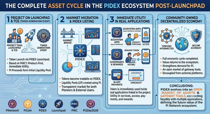 The image presents a four-stage infographic titled "The Complete Asset Cycle in the PiDEX Ecosystem Post-Launchpad," outlining the process from a project's initial launchpad and token generation event, through mainnet migration and PiDEX listing, into immediate real-world utility within ecosystem apps (like e-commerce and voting), and culminating in a thriving, community-owned decentralized economy. It emphasizes that PiDEX evolves into an open market of assets and gateway tools, connecting liquidity with multiple applications across Pi Network, PiCoin, PiDEX, Launchpad, PIRC, and Pi2Day2026.