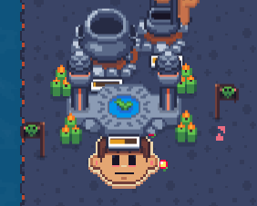 A pixel art game scene showing a small character standing in front of a stone building or castle structure with torches on either side.