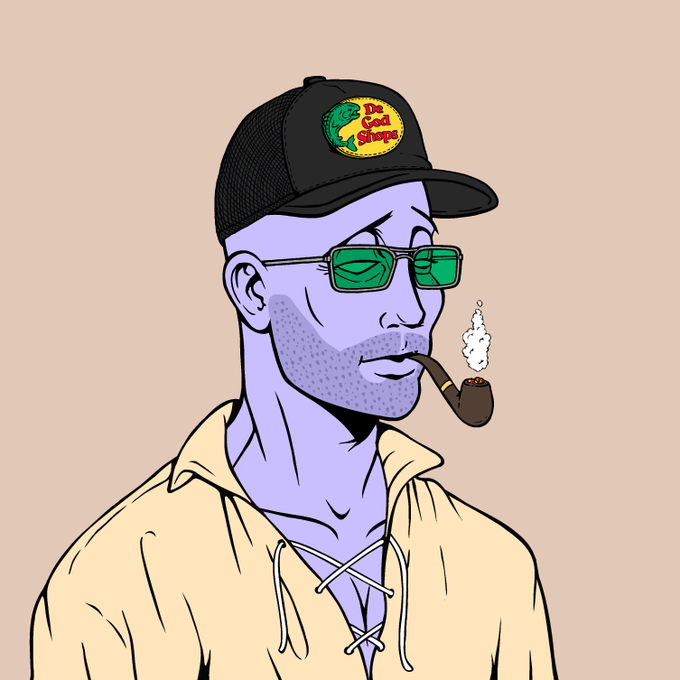 A purple-skinned man with a black snapback cap reading "De God Strong," green sunglasses, a beard, and a smoking pipe wears a yellow laced-up shirt, fitting the playful, irreverent vibe of joining the DeGods NFT community.