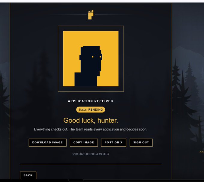 An application received confirmation screen with status 'PENDING' showing a pixel-art hunter avatar, with 'Good luck, hunter' message and options to download image, copy image, post on X, or sign out.