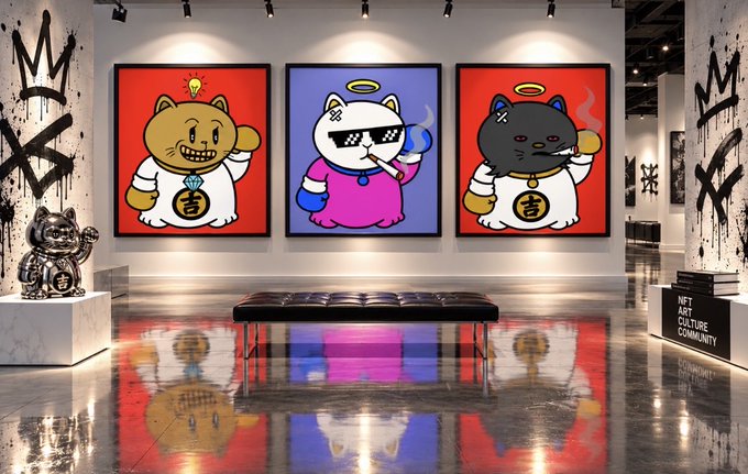 An art gallery interior featuring three large framed cartoon cat paintings in red and blue, a black leather bench, and a silver Maneki-neko statue on the left, with graffiti-style art on the side walls.