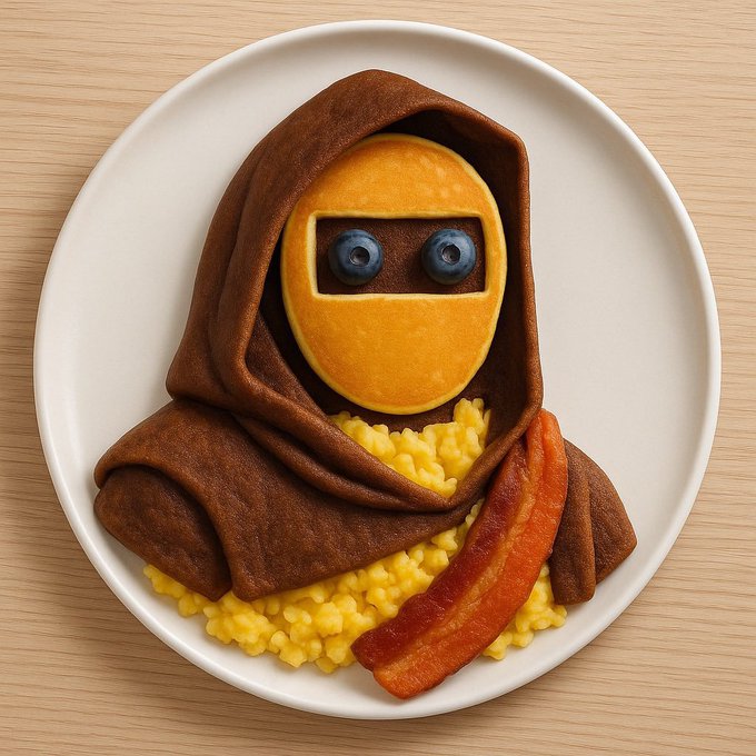 A creative breakfast plate featuring a pancake styled as a hooded Jawa from Star Wars, complete with blueberry eyes, served on scrambled eggs with a strip of bacon.