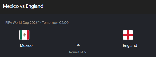 A graphic showing the upcoming Mexico vs. England FIFA World Cup 2026 Round of 16 match scheduled for tomorrow at 02:00. The image ties to a contest where $1,000 is awarded to 5 people who correctly guess the score of this match.