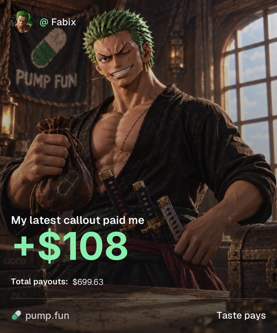 A promotional image styled after anime art features a muscular character resembling Zoro with green hair, holding a money bag, with text reading "My latest callout paid me +$108", "Total payouts: $699.63", and the "pump.fun" logo at the bottom.