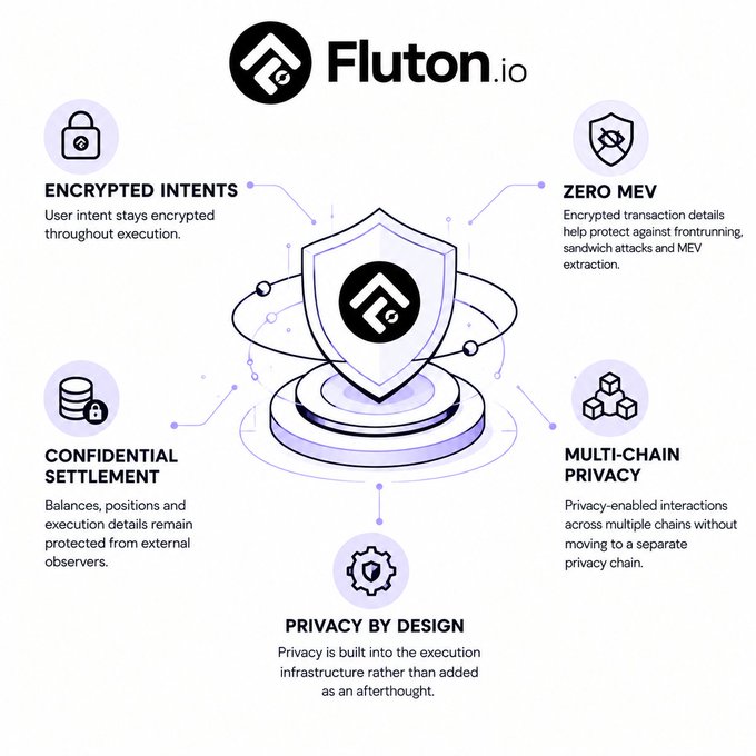 A Fluton.io infographic highlights privacy features including Encrypted Intents, Zero MEV, Confidential Settlement, Multi-Chain Privacy, and Privacy by Design.