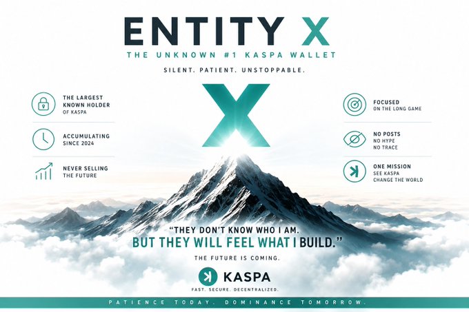 A promotional graphic for 'ENTITY X' marketed as 'THE UNKNOWN #1 KASPA WALLET,' featuring a mountain peak emerging from clouds with a large teal X, highlighting traits like 'THE LARGEST KNOWN HOLDER OF KASPA,' 'ACCUMULATING SINCE 2024,' 'NEVER SELLING THE FUTURE,' 'NO POSTS, NO HYPE, NO TRACE,' and 'ONE MISSION, SEE KASPA, CHANGE THE WORLD,' with the quote 'THEY DON'T KNOW WHO I AM. BUT THEY WILL FEEL WHAT I BUILD.'
