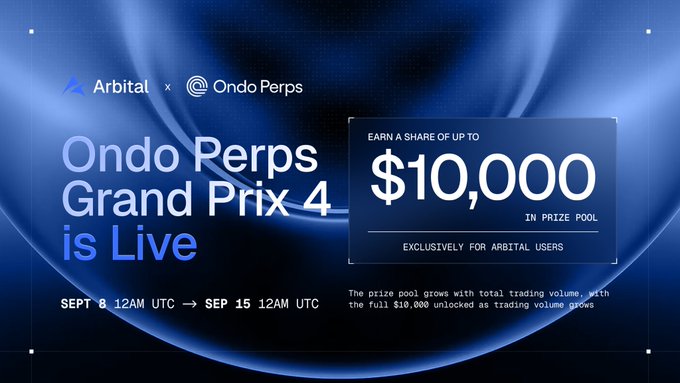 A promotional banner announces the "Ondo Perps Grand Prix 4 is Live," a trading competition running from Sept 8 to Sept 15, 2024 (12AM UTC), exclusively for Arbital users competing for a share of up to $10,000 in prizes that grows with total trading volume on Ondo Perps.