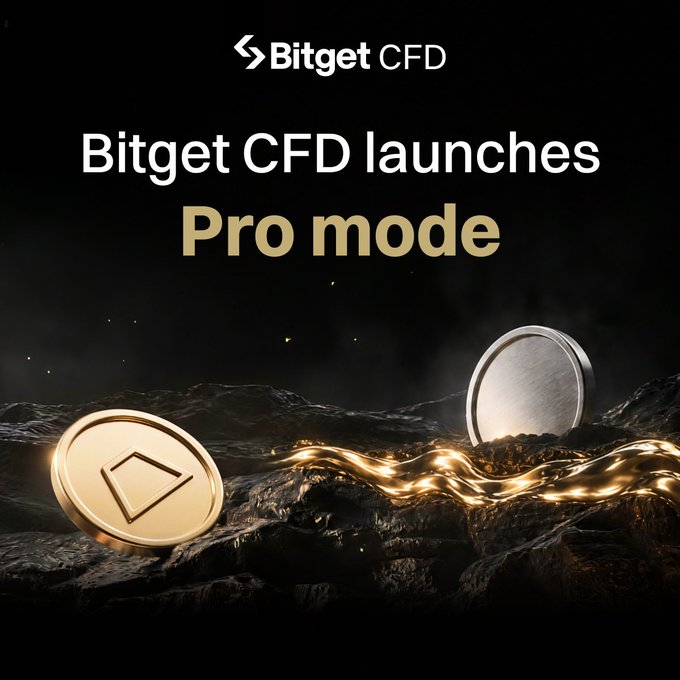 Bitget CFD announces the launch of "Pro mode," with the announcement text "Bitget CFD launches Pro mode" displayed above gold and silver coins resting on rocky terrain amid flowing golden streams. The image visually reinforces the post's message about professional trading tools by using premium metallic imagery to symbolize the enhanced liquidity, deeper execution, and tighter slippage control offered to high-frequency traders.