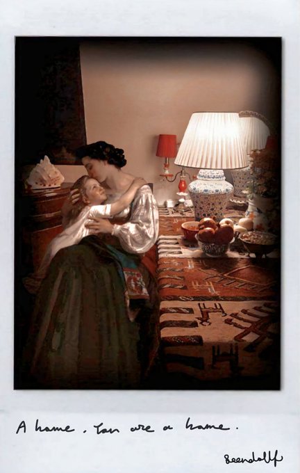 A Polaroid-style image showing a painting of a woman in traditional dress holding a baby, surrounded by lamps and household items, captioned 'A home, You are a home.' with the signature 'Beansdolls'.