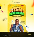 A colorful "1 Year Anniversary Giveaway" promotional poster featuring the numbers "1 Yr" and "1M+ in Rewards" with a young person holding cash, advertising ₦900,000 for the volume leaderboard and $500 for the best original content during September, matching the post's celebration of the platform's first anniversary.