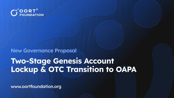 The image is a dark blue promotional graphic from the OORT Foundation featuring the title "New Governance Proposal: Two-Stage Genesis Account Lockup & OTC Transition to OAPA," with the website www.oortfoundation.org displayed at the bottom. It visually introduces the governance proposal mentioned in the post, alerting the community that the vote is now live and highlighting the key topics—account lockup and OTC transition—being put to a community decision.