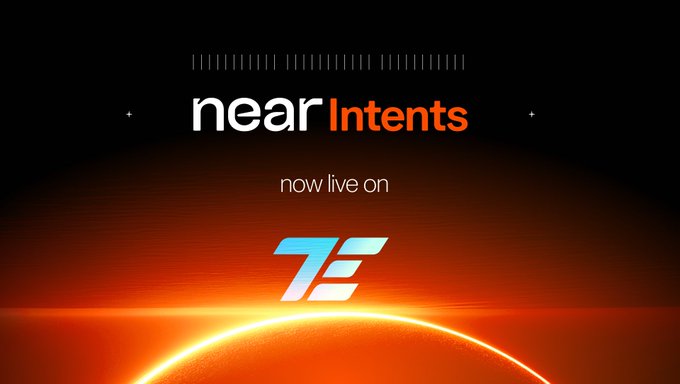A promotional graphic with an orange glowing planet on a black background announces "near Intents now live on" alongside the stylized "7E" logo, marking NEAR Intents' integration as a cross-chain swap provider on 7exchangeDeFi.