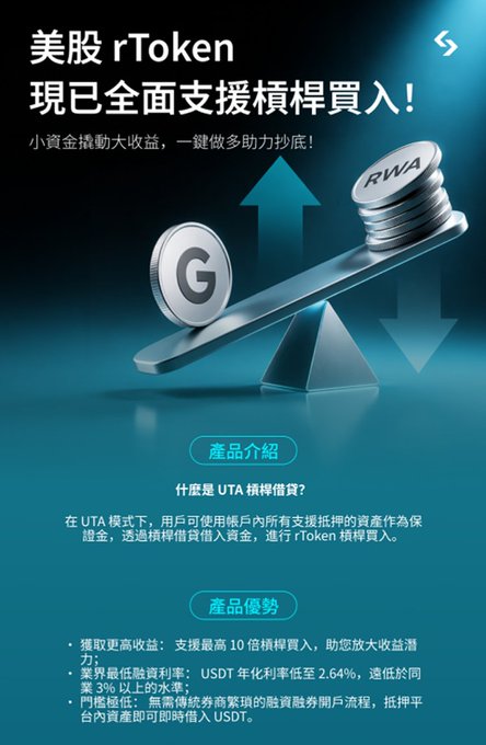 A promotional graphic in Chinese for '美股 rToken' (US Stock rToken) featuring a balance scale with a 'G' coin and 'RWA' coins, advertising planned leveraged buying support.