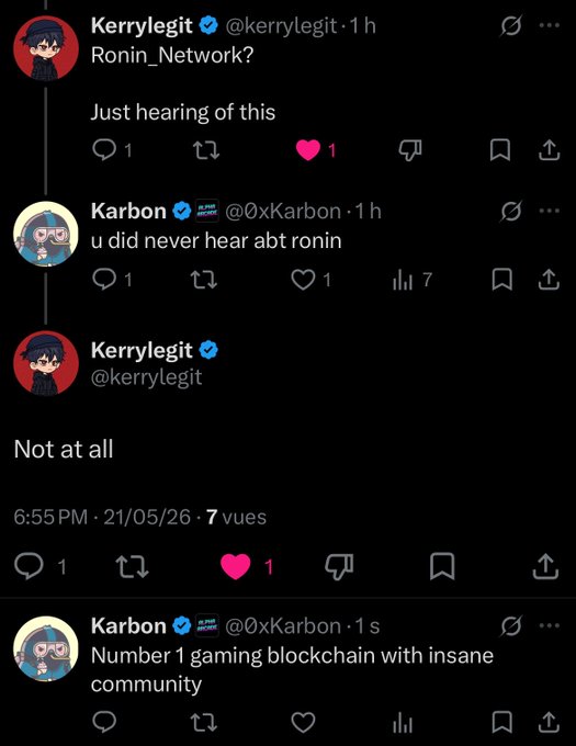 The image features a Twitter feed with three posts, each containing a different message from a user named @kerrylegit. The first post is about a gaming event called Ronin Network, while the other two posts are about the user @Ronin_Network and his friend @kerrylegit. The posts include various messages such as "Not at all", "Number 1 gaming blockchain with insane amounts of gamers!", and "Can we show him some love and introduce him to all the games?".