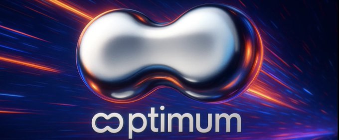 A promotional graphic features a metallic, infinity-shaped logo with the text "optimum" below it, set against a vibrant background of blue and red light streaks.