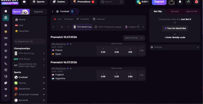 A screenshot of a sports betting platform called 'MELBET' showing FIFA World Cup football match odds, including France vs. Spain (2.25, 3.45, 3.15) and England vs. Argentina (2.58, 3.20, 2.86), with a 'Bet slip' panel on the right.