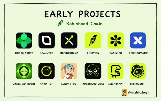A graphic titled 'EARLY PROJECTS' on Robinhood Chain, displaying 12 project icons including HOODMARKET, GOMINTLY, ROBINFUNXYZ, EXYPNOS, OASISRBH, ROBINDOMAINS, GRASSPAD_ROBIN, AARO_FUN, ROBINITOS, ROBINHOOD_APES, ROBINYAPP, and THEHOODNFT, credited to @aashir_beyg.