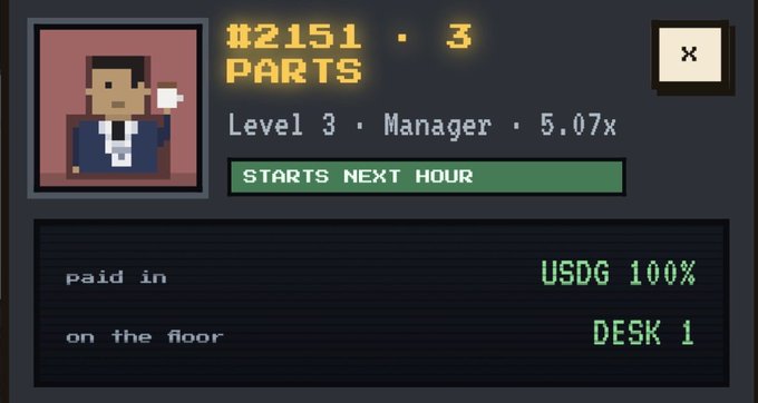 A pixel art game interface showing a character in a suit with text '#2151 • 3 PARTS', 'Level 3 • Manager • 5.07x', 'STARTS NEXT HOUR', 'paid in USDG 100%', and 'on the floor DESK 1'.
