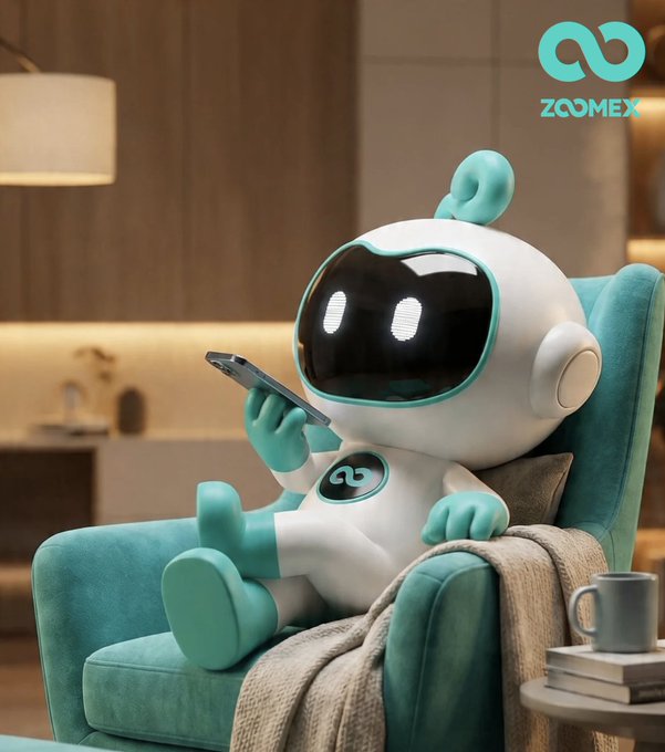 The image features a white robot figure sitting comfortably on a blue couch, holding a cell phone up to its ear as if having a conversation or listening to music. The background of the image shows a kitchen area with various items such as cups, books, and vases placed around the room. There is also a coffee cup visible in the scene.