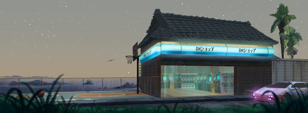 An illustrated nighttime scene features a traditional Japanese-style building with a "GMショップ" (GM Shop) neon sign, gachapon machines inside, a basketball hoop, and a pink car parked outside.