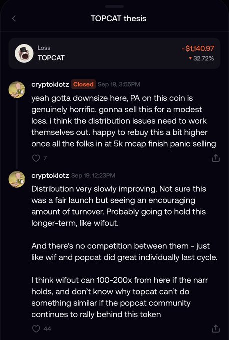 A screenshot of a social media thread titled 'TOPCAT thesis' showing a loss of -$1,140.97 (▼ 32.72%), with user 'cryptoklotz' discussing their position in a 'Closed' post and potential future gains.