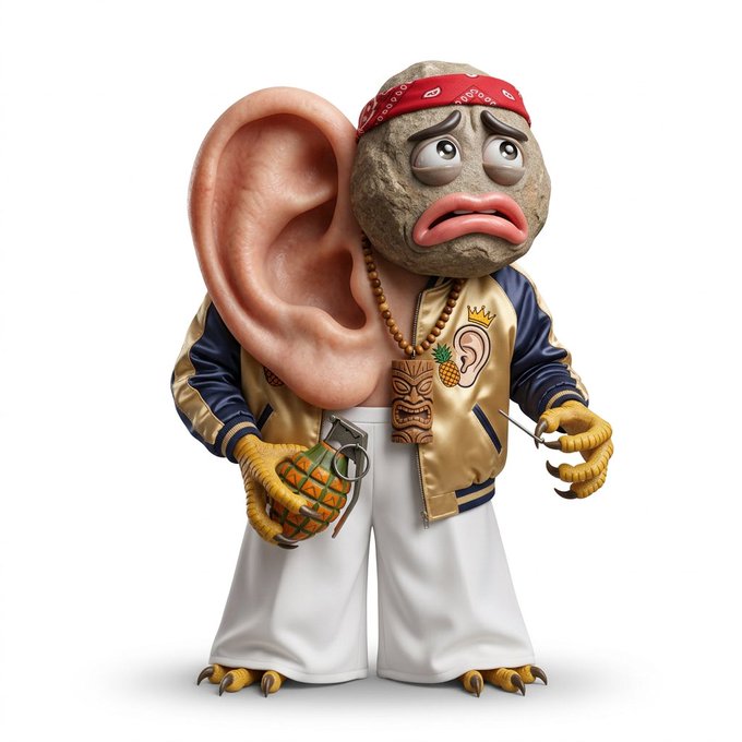The image shows a 3D-rendered surreal character with a giant human ear for a head, wearing a red bandana, gold chain, beige varsity jacket with a tiki/ear logo, and white pants, while holding a pineapple grenade and posing with clawed feet. It humorously represents a quirky "brainrot" NFT collectible, tying into the post's theme of buying, burning, and upgrading rare brainrot characters in an NFT collection.