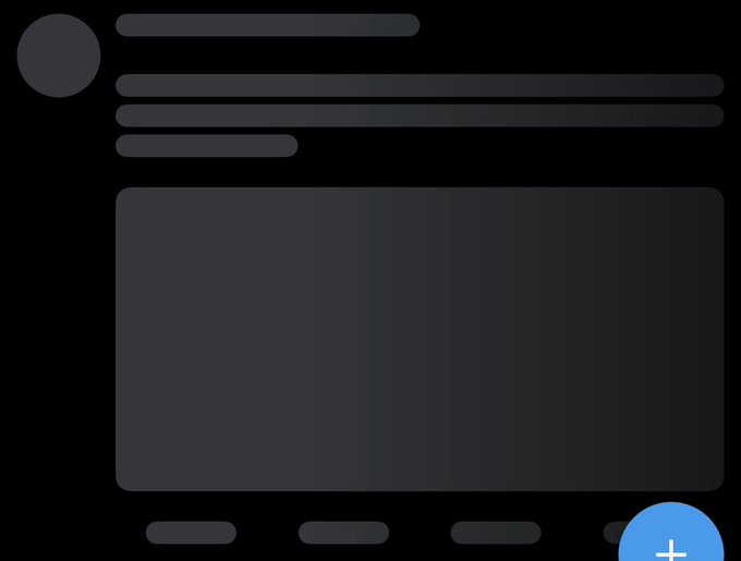 A dark grey placeholder graphic displays abstract shapes representing a profile, text lines, an image, and buttons, with a blue circular add button in the corner.