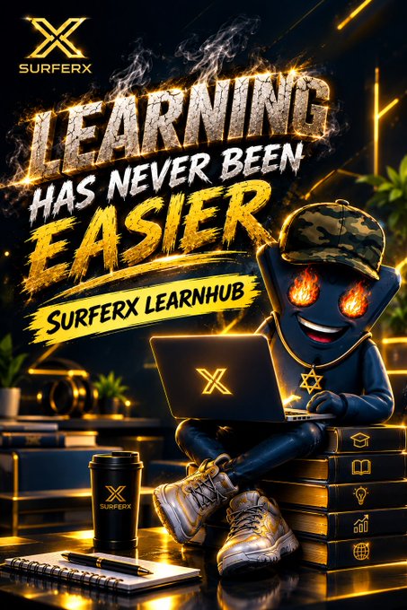 The promotional graphic features a fiery-eyed cartoon character wearing a camouflage cap, sitting on a stack of books while working on a SurferX-branded laptop, with bold text reading "LEARNING HAS NEVER BEEN EASIER" and "SURFERX LEARNHUB." The image visually reinforces the post's announcement of SurferX's new LearnHub educational platform designed to help users learn about crypto and the XRP ecosystem while earning rewards.