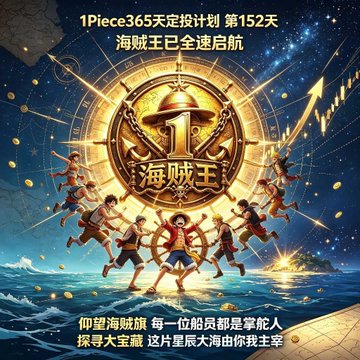 A promotional poster for '1Piece365天定投计划 第152天 海贼王已全速启航' featuring One Piece anime characters running on water toward a treasure.