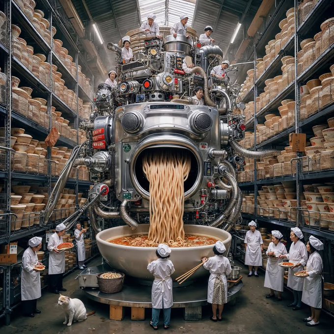 Workers in white uniforms and hairnets gather around a massive industrial machine resembling a giant robot, which extrudes streams of noodles into a giant bowl of broth, while towering shelves packed with what appear to be wheels of cheese line the warehouse walls, accompanied by a small cat in the foreground. The post highlights the image's reuse, suggesting the surreal scene ties into a playful, niche internet moment celebrated by the @niceaunties community.