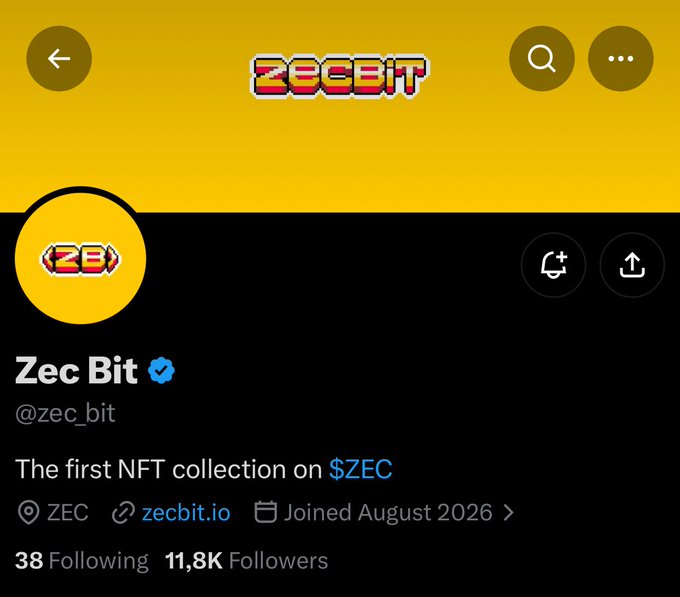 A Twitter/X profile for 'Zec Bit' (@zec_bit) with the description 'The first NFT collection on $ZEC', showing 11.8K followers and a join date of August 2026.