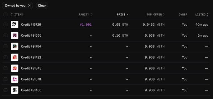 A dark-themed table listing 7 owned items (Credits #15726, #91665, #91754, etc.) with prices in ETH, top offers, and listed times.