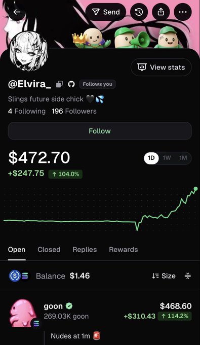A mobile trading interface shows the user @Elvira_ with a balance of $472.70, up 104.0% ($247.75), along with a 1D performance chart trending upward.