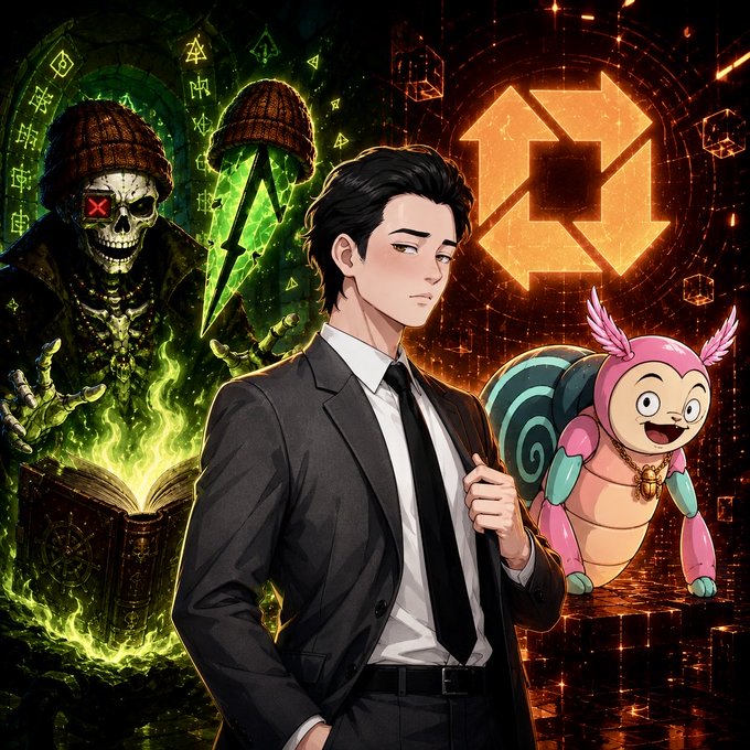The image shows a stylized NFT promotional artwork featuring a man in a black suit at the center, flanked by a skeletal, green-magic-wielding character on the left (representing "Unvault: Genesis Bugz") and a cheerful pink character with angel wings and a green shell on the right (representing "RobinWifHat: WIF Outlaws"), with a large orange logo in the background. The visual ties directly to the post's announcement of two upcoming NFT mints by these projects, blending dark supernatural and playful cartoon aesthetics to showcase both collections.