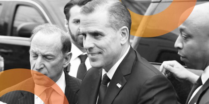 Black-and-white photo showing Hunter Biden in a suit surrounded by men, overlaid with orange curved graphic shapes.