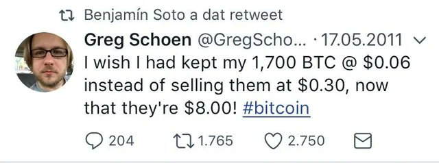 A tweet from May 17, 2011 by Greg Schoen, retweeted by Benjamín Soto, reads: "I wish I had kept my 1,700 BTC @ $0.06 instead of selling them at $0.30, now that they're $8.00! #bitcoin." The image humorously illustrates the accompanying post about taking profits too early, showing how selling Bitcoin at $0.30 instead of $0.06 meant missing out on what would later become enormous gains—essentially making Schoen one of the "poorest" traders by selling at a perceived profit.