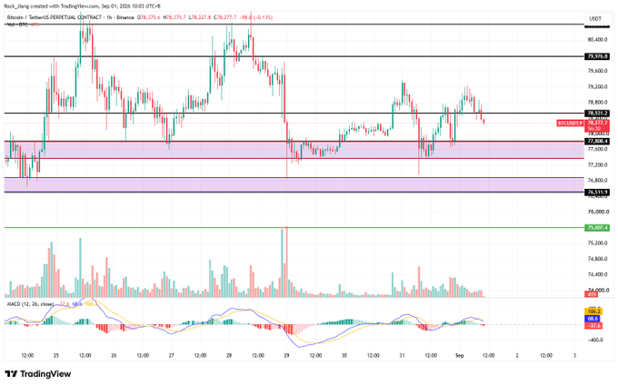 A TradingView Bitcoin/USD perpetual contract chart showing price action around 77,000-80,000 range with technical indicators including horizontal support/resistance lines and MACD at the bottom.