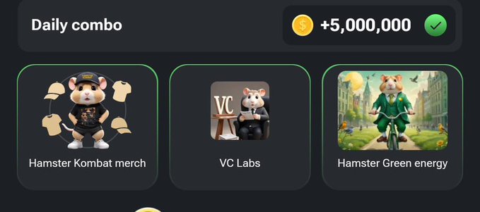 A 'Daily combo' screen for a digital game shows a reward of '+5,000,000' coins alongside three selected cards: 'Hamster Kombat merch', 'VC Labs', and 'Hamster Green energy'.