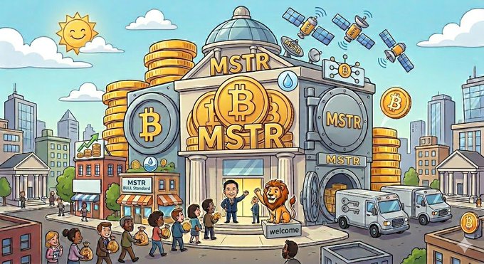 The image features a cartoon scene set in a city, where people are walking around and interacting with various objects such as buildings, cars, and trucks. The main focus of the scene is a building that has the words "MSTR" written on it, which appears to be an art piece or a comic strip. The phrase "1/ MSTR = Bitcoin Reserve Bank Let's be clear about one thing." is also present in the image. This phrase suggests that the building represents a Bitcoin reserve bank and emphasizes its connection to Bitcoin.
