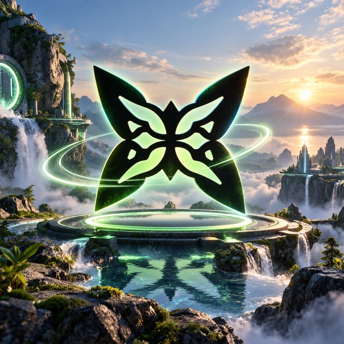 A fantastical digital artwork featuring a large glowing green butterfly emblem hovering above a circular platform in a mythical landscape with waterfalls, mountains, and a sunset sky.