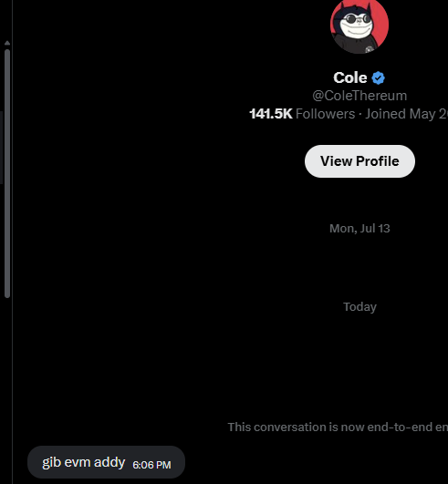 A screenshot of a Twitter/X profile for "Cole" (@ColeThereum) showing 141.5K followers and a direct message conversation with the message "glb evm addy" sent at 6:06 PM.