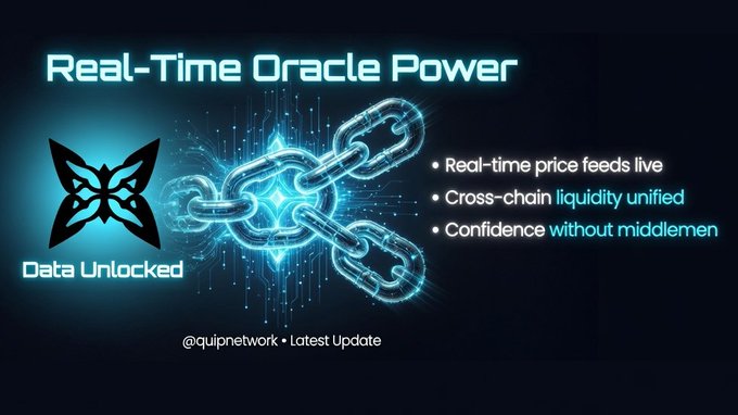 A promotional graphic titled 'Real-Time Oracle Power' with a butterfly logo labeled 'Data Unlocked' and text reading 'Real-time price feeds live, Cross-chain liquidity unified, Confidence without middlemen' for @quipnetwork.
