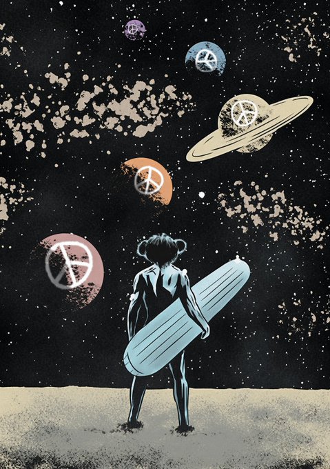 A silhouetted astronaut holding a glowing surfboard stands on a lunar landscape, gazing up at a starry sky dotted with multiple planets—including one resembling Saturn with its rings—all marked with peace symbols. The retro-futuristic illustration pairs perfectly with the caption "Cosmic peacekeeper reporting for duty," with the peace sign planets and surfboard-wielding figure evoking a serene, intergalactic guardian ready to spread harmony across the cosmos.