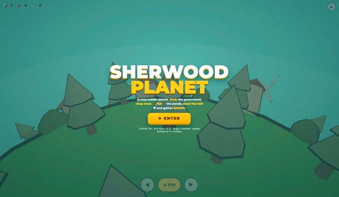 The image features a screenshot of a website called "Sherwood Planet", which appears to be a game or an educational resource about trees, nature, and woodworking tools. There are three buttons present, one on top left corner and two at the bottom center area of the page. This suggests that there is more content related to the Sherwood planet that the user can explore. The title "Sherwood Planet" in bold letters indicates that this site is dedicated to learning about trees and woodworking, providing an interesting take for players and users alike who are interested in these subjects.