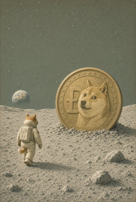 A whimsical illustration of a small cat astronaut in a spacesuit standing on a lunar surface, gazing at a giant Dogecoin coin with the Shiba Inu dog face embossed on it, with Earth visible in the starry background.