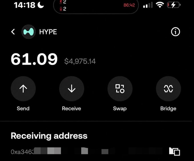 A smartphone screenshot of a cryptocurrency wallet showing a balance of 61.09 HYPE tokens valued at $4,975.14, with options for Send, Receive, Swap, and Bridge.