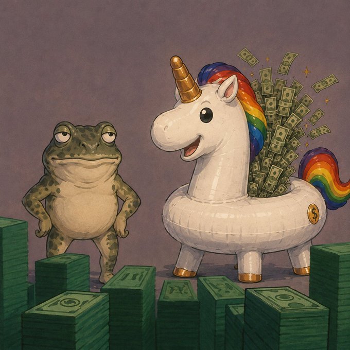 A smug frog stands beside an inflatable unicorn rainbow pool float overflowing with stacks and flying bills of cash, all surrounded by piles of green money. The whimsical illustration directly matches the post's playful $UNICASH theme by personifying the frog ("Frongs") and the cash-spewing unicorn as a lighthearted crypto meme.
